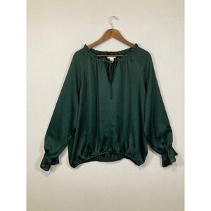 HM Conscious Blouse Women 10 Green Satin Crinkle Tie Neck Ruffle Long Sleeve Top